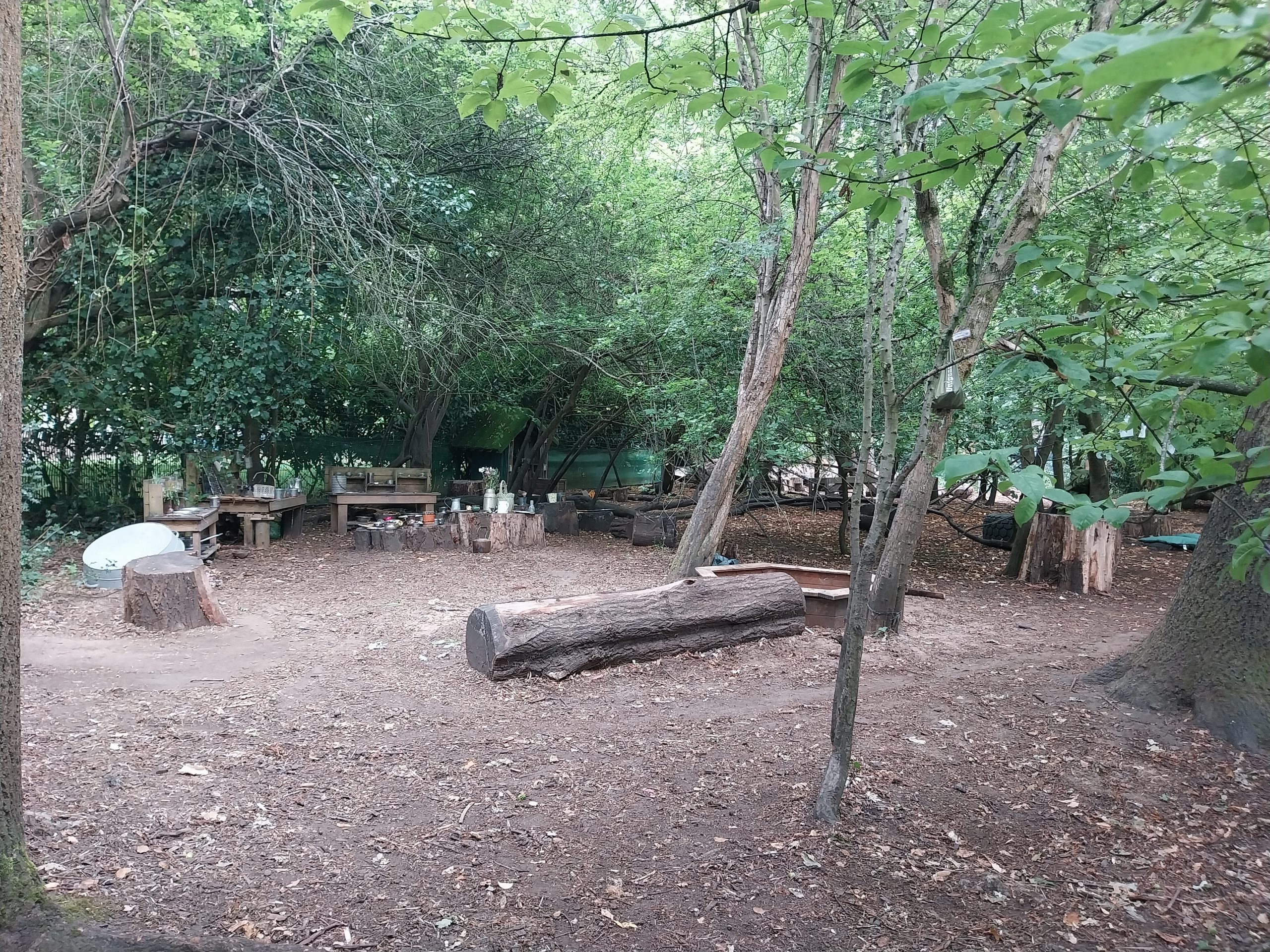A large horizontal log lies across a dirt clearing, forming a bench amid tree stumps, wooden benches, and assorted pots and tools in a shady, leafy woodland play area.