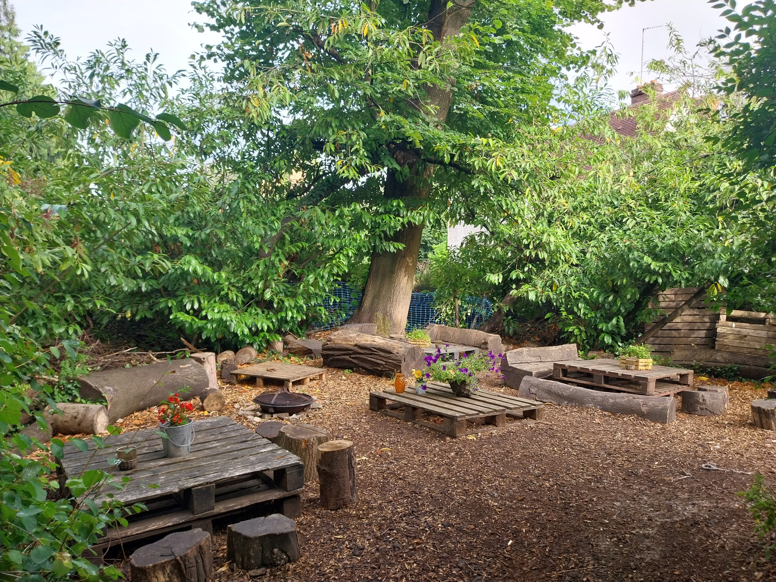 Wooden pallet tables arranged as low seating, holding potted flowers, surrounded by log-stump stools and cut logs beneath a large leafy tree in a shaded backyard garden with woodchip ground.