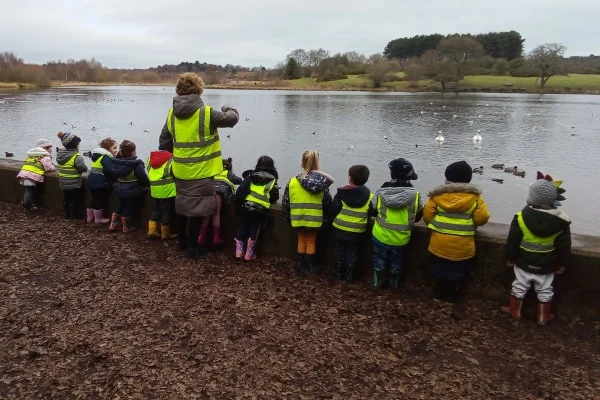 A line of young children wearing yellow high-visibility vests stand at a low stone wall, watching and feeding ducks and swans on a lake with an adult supervising.