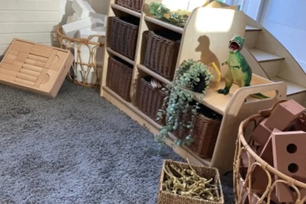 Wooden shelf with woven baskets; green toy dinosaur on a small ramp casts a shadow; trailing faux plant drapes over a basket; wicker baskets and wooden blocks sit on the carpet.