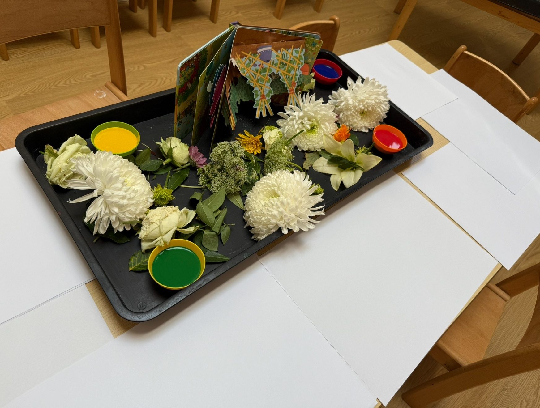 Black tray holds white chrysanthemums, greenery, small paint cups and a pop-up book, arranged for an art activity on a wooden table surrounded by blank white papers and chairs.