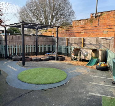 Round artificial-turf circle sits centered on a paved playground, surrounded by stacked tires and small wooden playhouses with a green slide, enclosed by a low fence and tall brick wall.