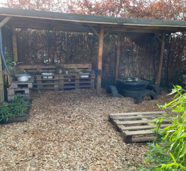 A wooden shelter houses pallet shelves holding metal pots and bowls; stacked tires form a planter; a loose pallet rests on wood-chip ground, bamboo and reed privacy screen enclosing the space.